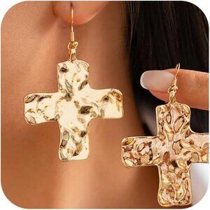 Chunky Gold Big Hammered Cross Drop Dangle Earrings for Women Trendy Jewelry